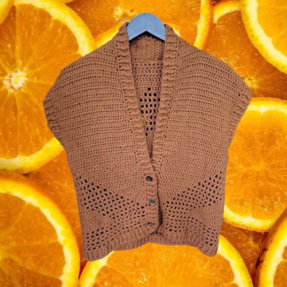 HandMade Hand Knit Orange Button Up Cardigan - Picture 2 of 5